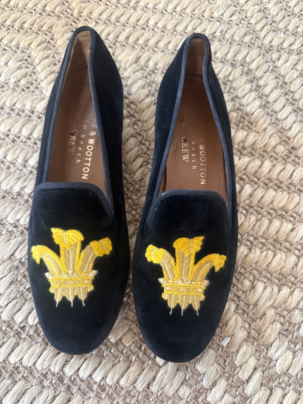Stubbs & Wooton Fleurs de Lis Black Velvet Loafers